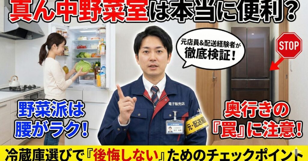 【2026年版】元店員＆配送員が解説。冷蔵庫の「真ん中野菜室」は本当に便利？腰への負担と搬入リスクを徹底検証